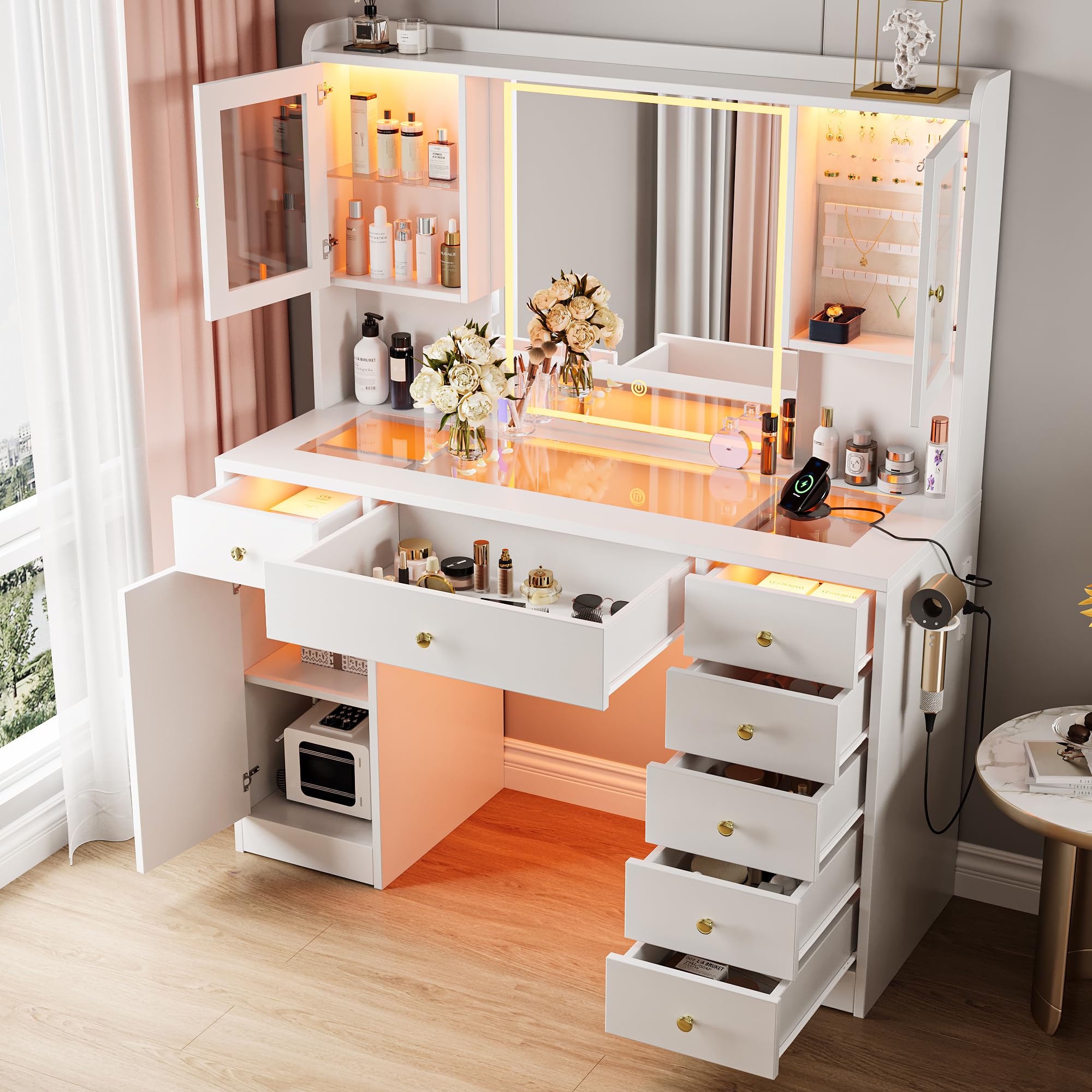 Einhomn Makeup Vanity Desk with Mirror & LED Lights, Large Glass